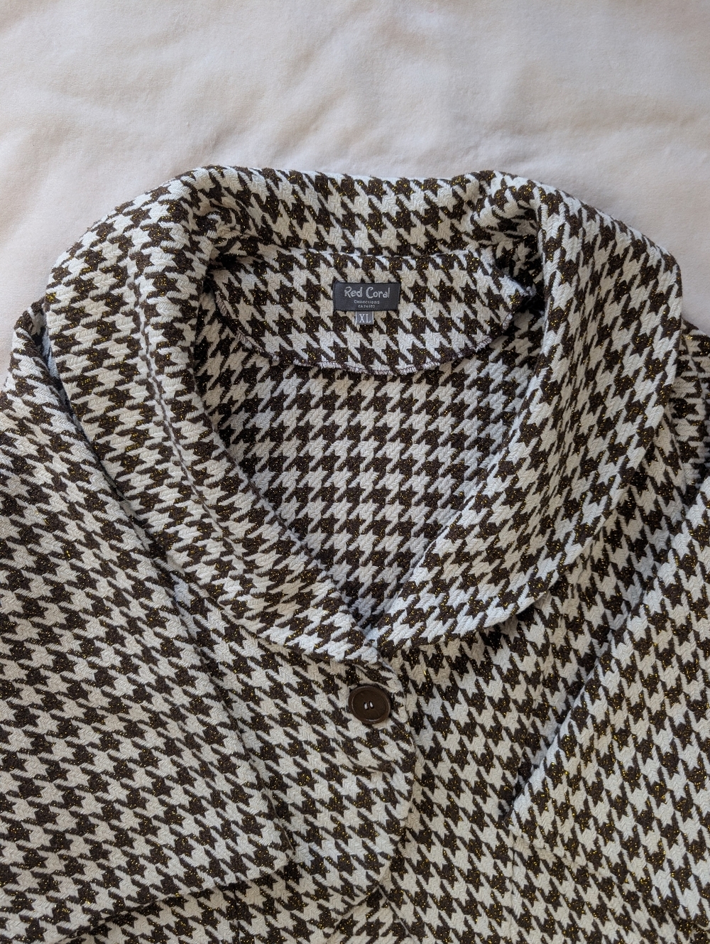 Red Coral Houndstooth Jacket Knit Blazer Style Metallic Thread XL - Picture 7 of 15